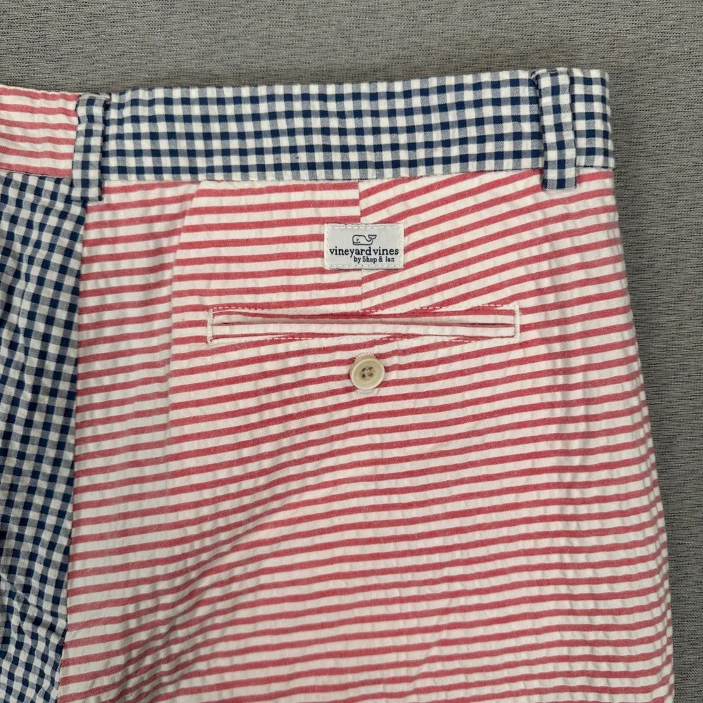 Vineyard Vines Shorts Mens 33 Navy Red Mixed Gingham Stripe Seersucker Breaker